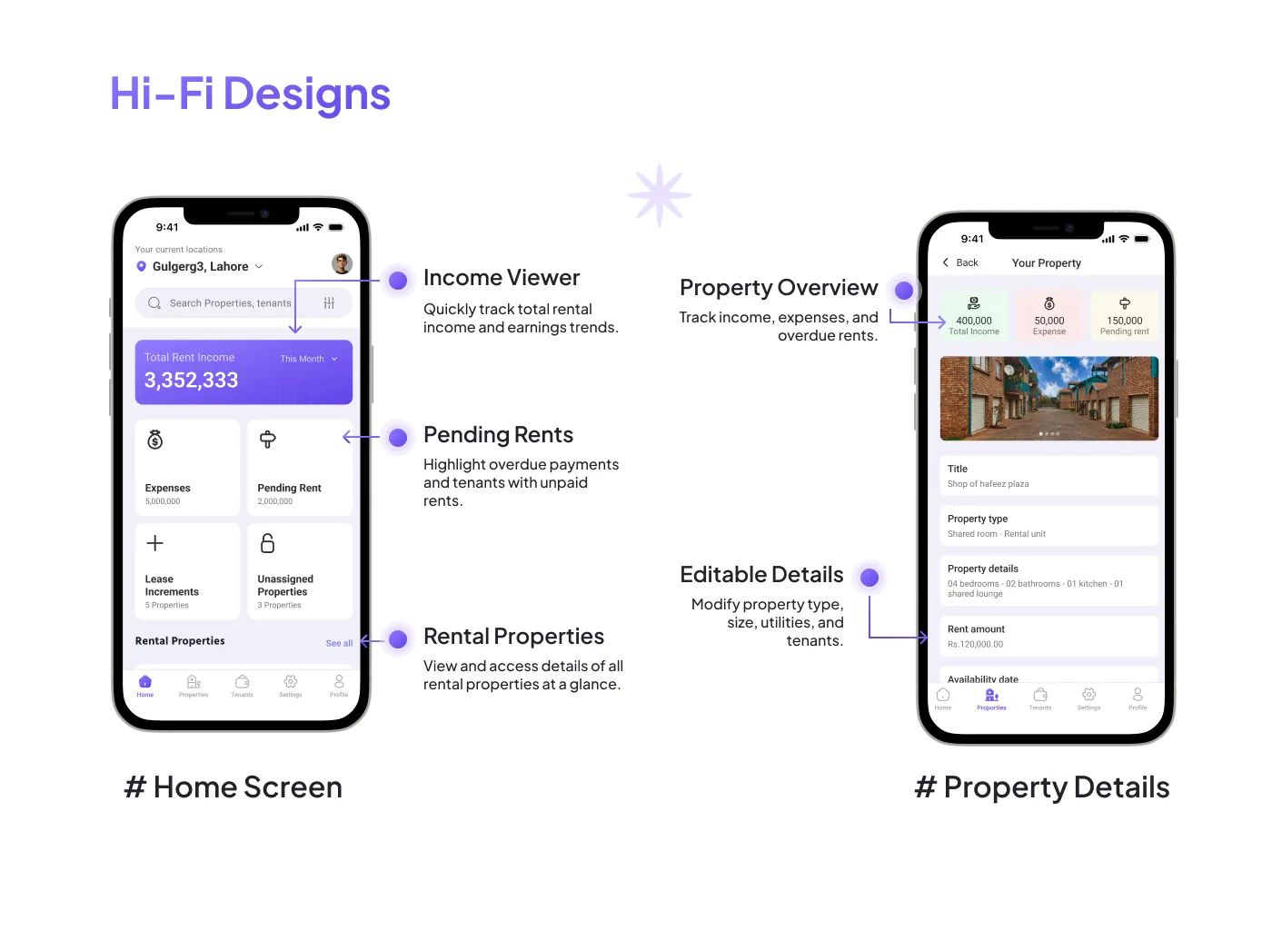 Landlord home and property screens