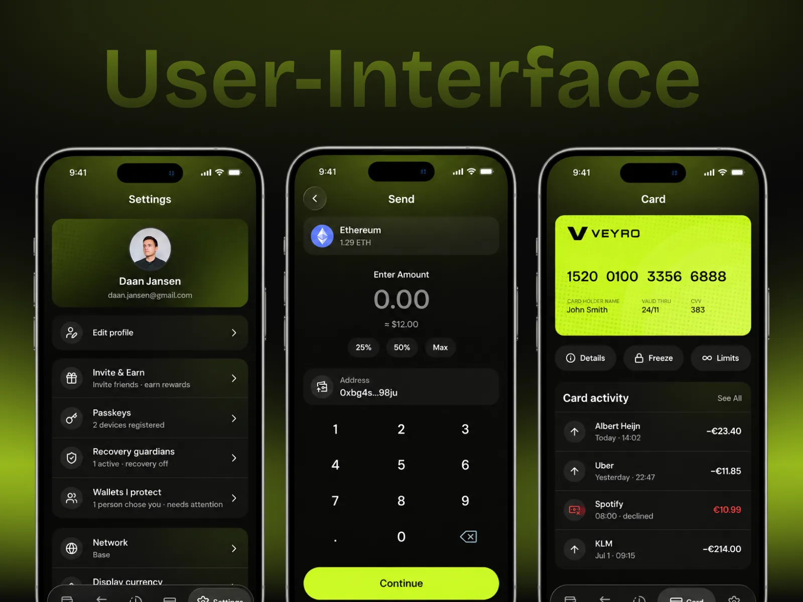 VEYRO settings, send and card screens